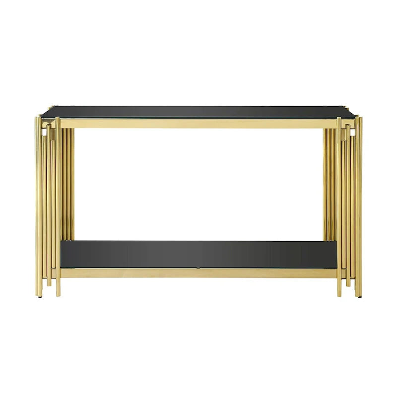 Table console étroite à 2 niveaux avec structure métallique finition or et plateau en verre trempé