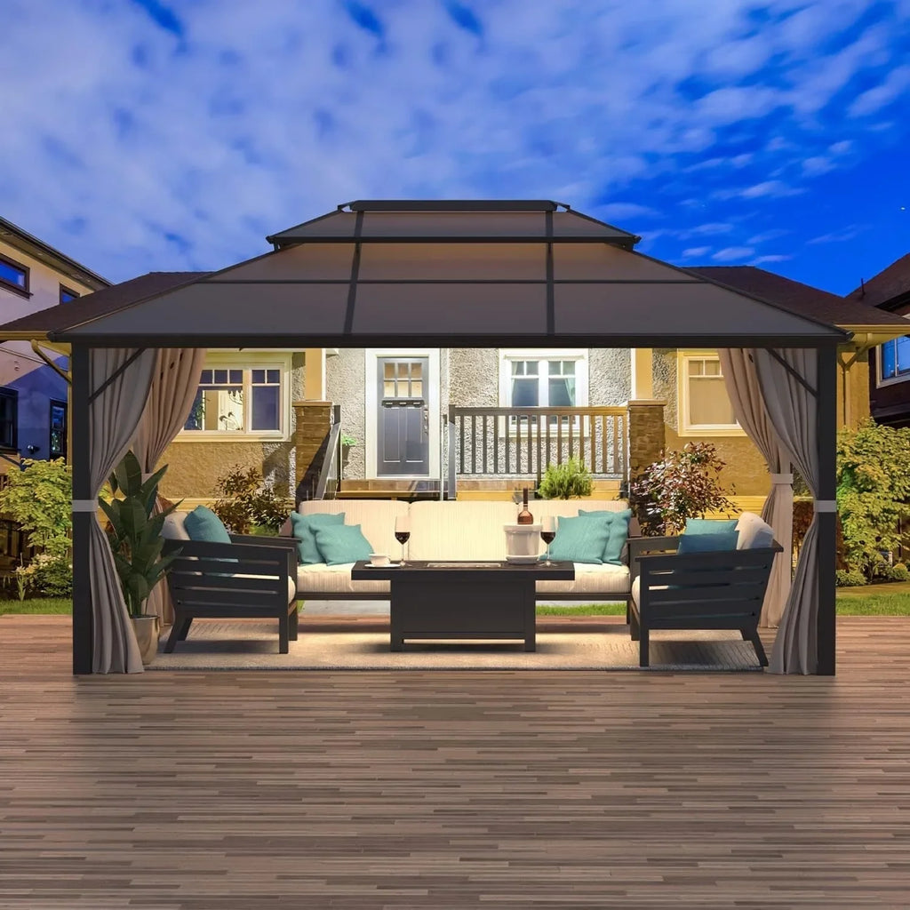 Gazebo EROMMY con tetto rigido, pergola da esterno con doppio tetto, rete e tende, copertura robusta per patio, giardino e feste in piscina