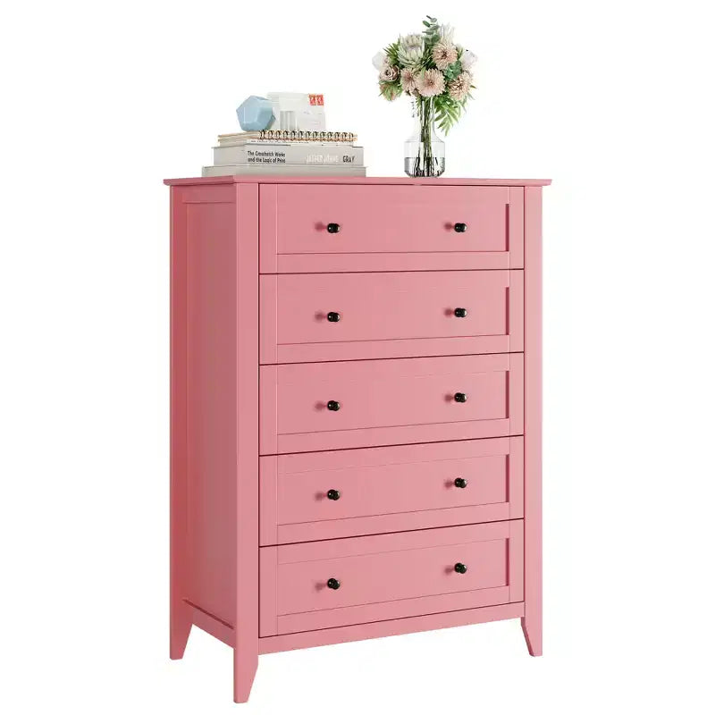 Commode de chambre à 5 tiroirs, hauteur de 42.5 pouces, armoire de rangement en bois avec tiroirs de 11.9 pouces de profondeur et poignées en métal doré, idéale pour l'entrée ou le couloir