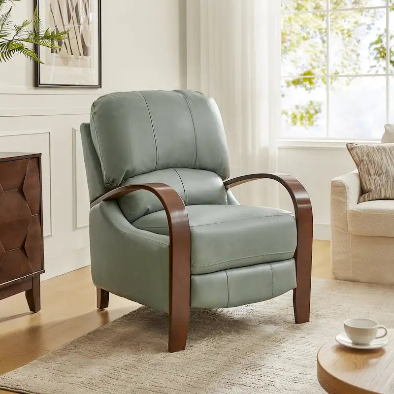 Alex handmatige relaxfauteuil van echt sigarenkleurig leer in mid-century moderne stijl, met gebogen houten armleuningen