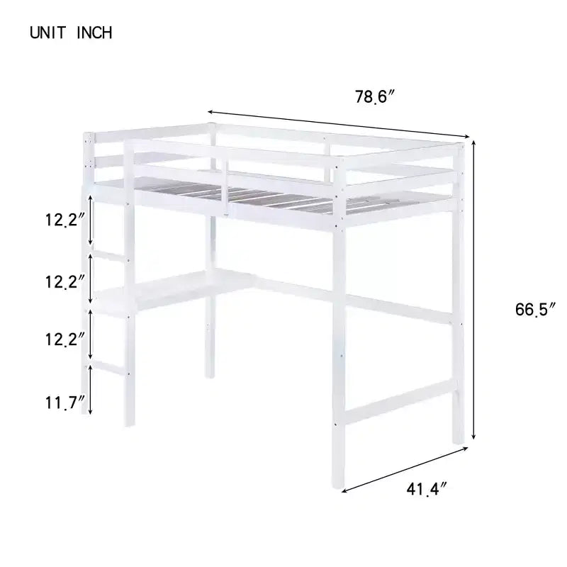 Okak minimalistisch hoogslaper met ladder, hoogslaper van rubberhout voor één persoon met veiligheidsreling en ingebouwd bureau, bedframes voor kinderen en tieners