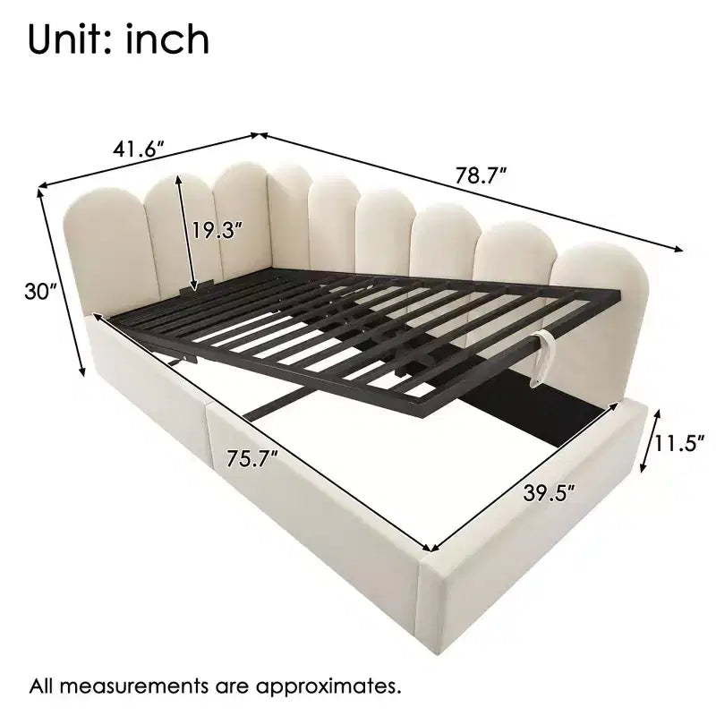 Okak gepolstertes Einzel-Tagesbett mit hydraulischem Stauraum und Metall-Lattenrost, modernes Einzelbett für Schlafzimmer und Kinderzimmer