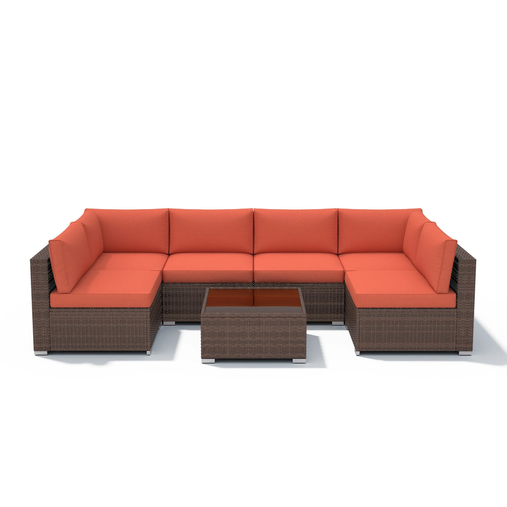 7-teiliges Outdoor-Ecksofaset aus Rattan und Stahl mit Kissen