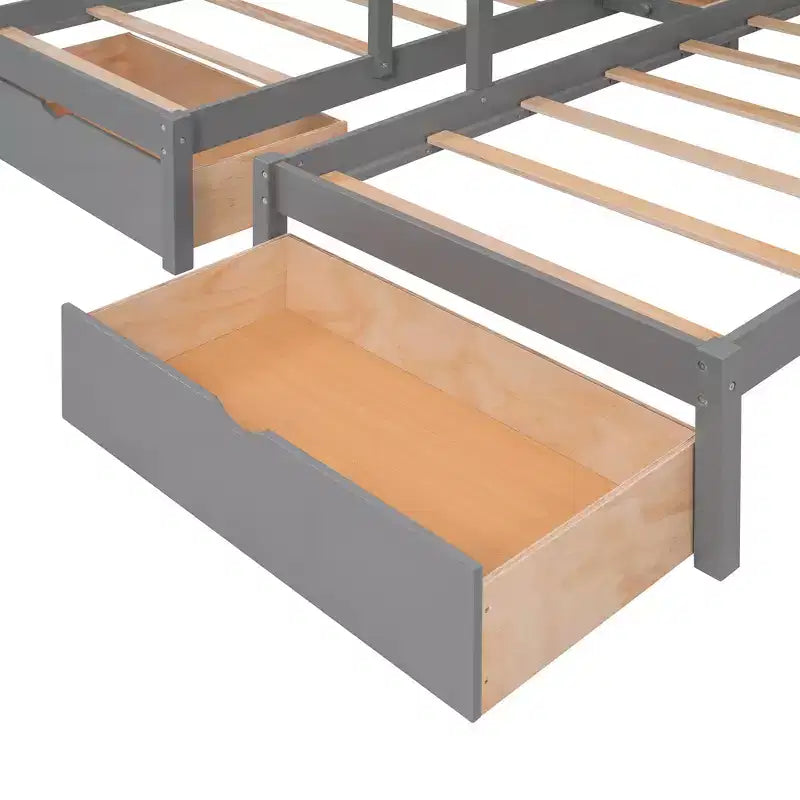 Lit superposé Whisen avec lit double au-dessus de deux lits simples, en bois, avec tiroirs et barrières de sécurité