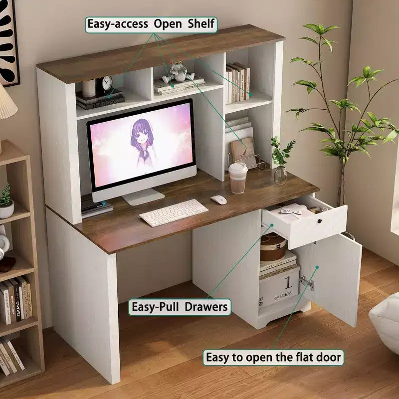 Scrivania moderna per computer da 51.18IN con alzata e libreria, scrivania da ufficio con ampio spazio contenitivo, scrivania per studio e sala lettura