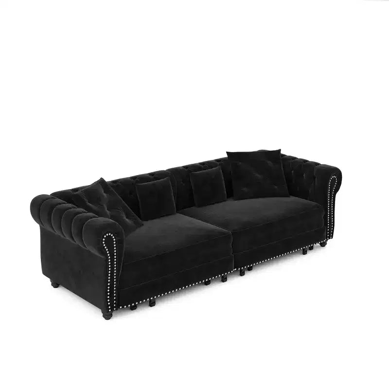 Canapé-lit convertible 3-en-1 Whisen en velours, format king size, avec pouf mobile, design capitonné