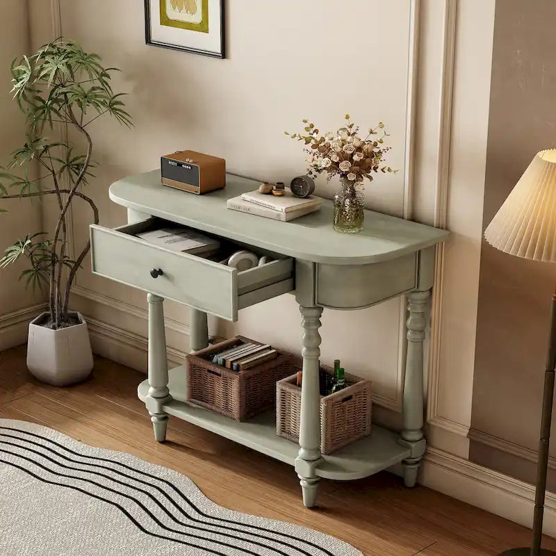 Schmaler Konsolentisch im Retro-Stil mit abgerundeten Ecken, oberer Schublade und offenem Regal