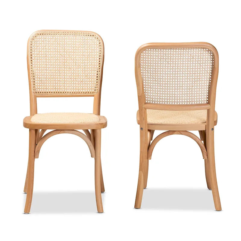 Neah, set di 2 sedie da pranzo moderne di metà secolo in legno e rattan intrecciato