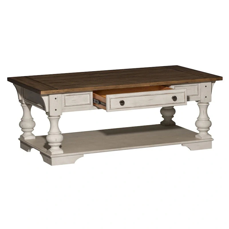 Table basse cocktail Morgan Creek blanc antique, accents brossés à fil ouvert couleur tabac