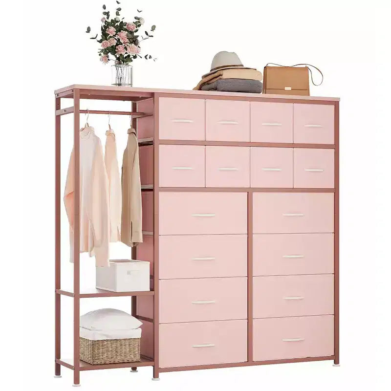 Commode avec 16 tiroirs, tringle de penderie et étagères, organisateur de rangement en tissu pour chambre, placard ou entrée