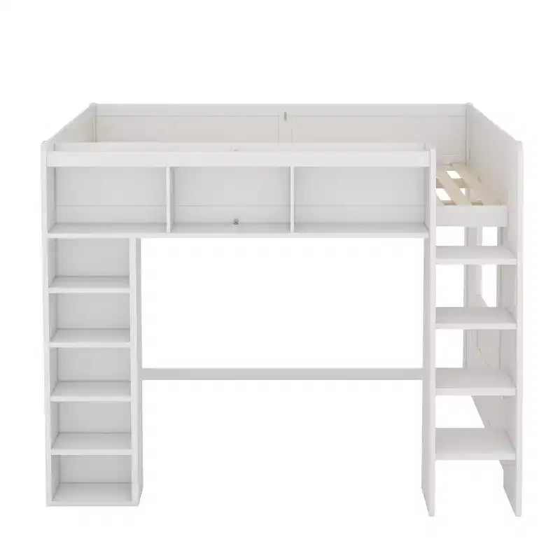 Struttura letto a soppalco in legno Whisen Queen Size con armadietti e ripiani contenitori