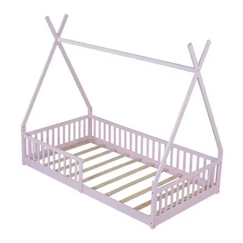 Vloerbed voor kinderen, tentbedden in eenpersoonsformaat, Montessori-vloerbed met latten en hekwerk, houten huisbedframe voor jongens en meisjes