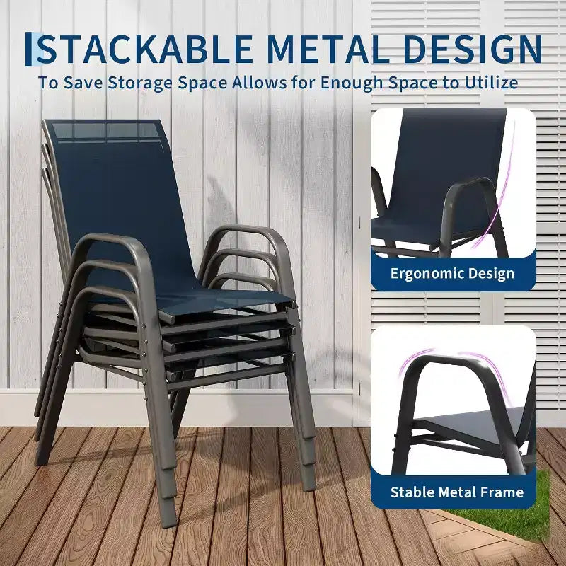 Chaises de patio, lot de 4/6 chaises de repas d’extérieur empilables et légères en textilène, toutes saisons, avec accoudoirs, pour la cour et le bord de la piscine
