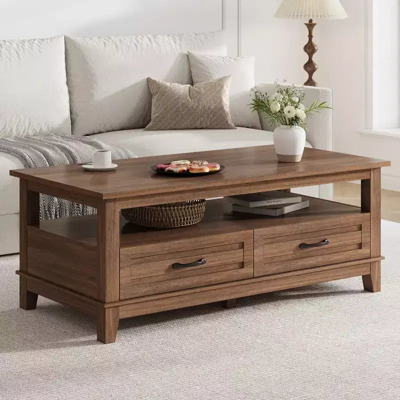 Farmhouse-Couchtisch mit Schubladen, 47.2-Zoll-Tisch im rustikalen Stil, brauner Wohnzimmertisch mit offenem Regal und 6 Stützbeinen