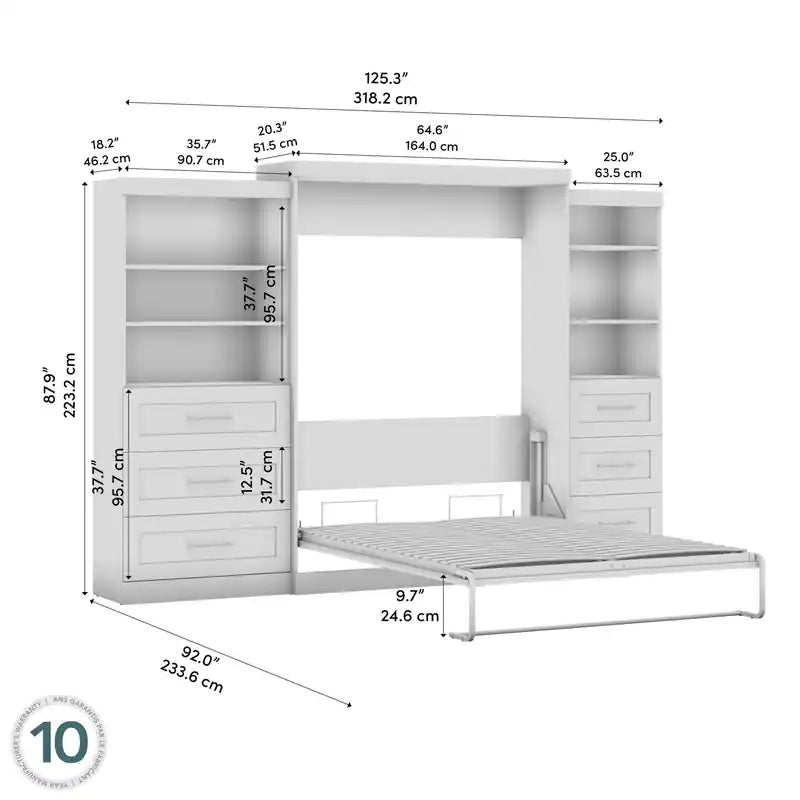 Wandbed met twee stellingkasten met laden, wandbed van 126 inch
