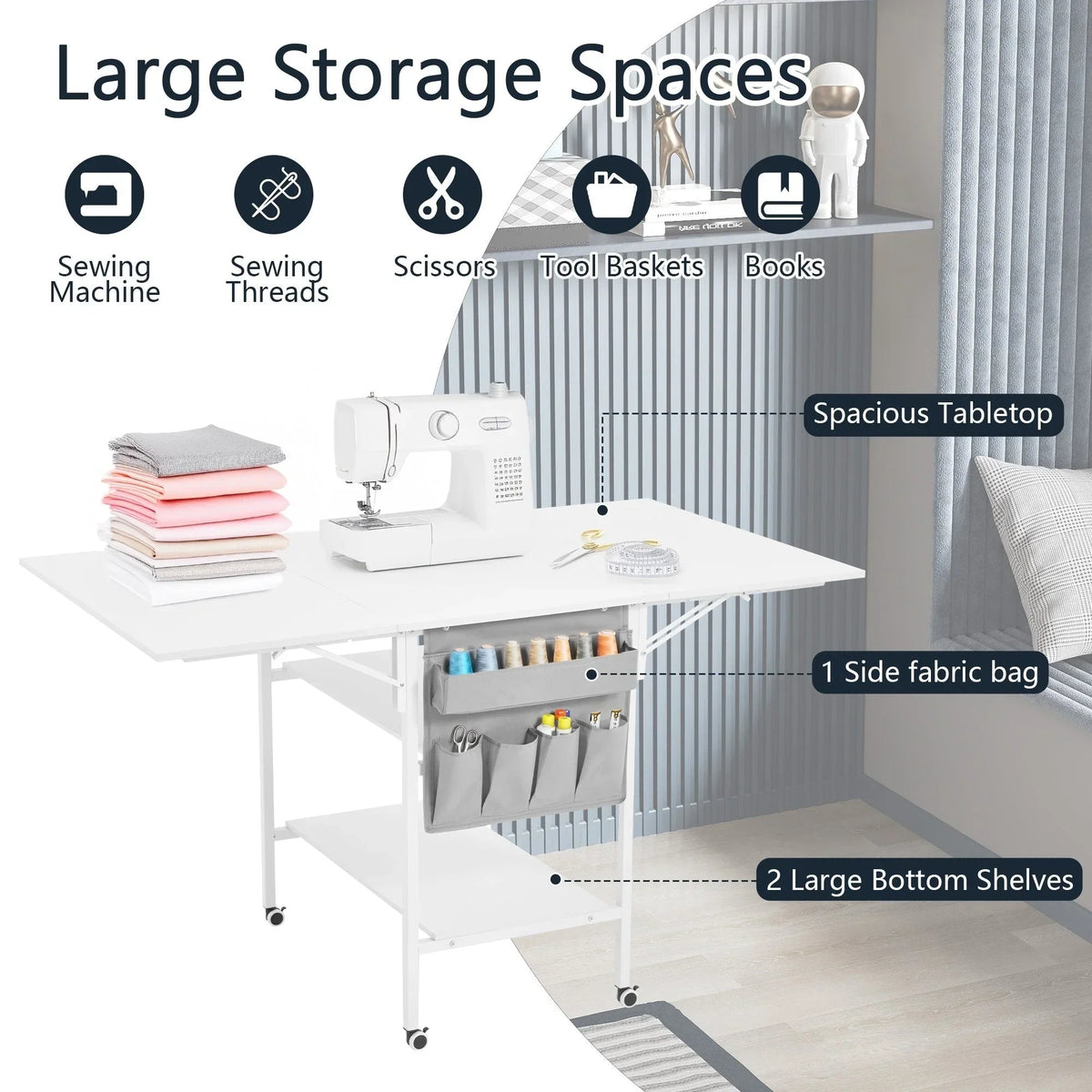 Table d’activités réglable en hauteur avec étagères de rangement, table de découpe pliante et mobile pour bureau à domicile, couture ou loisirs créatifs