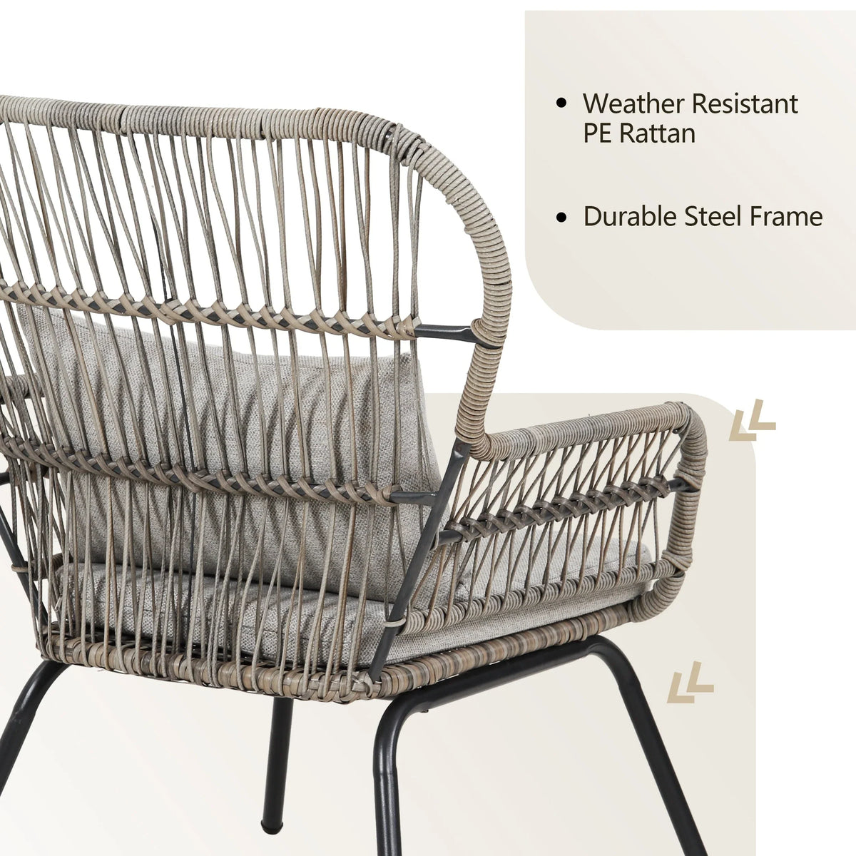 Ensemble bistro de jardin en osier de 3 pièces, ensemble de fauteuils de patio en rotin toutes saisons avec coussins