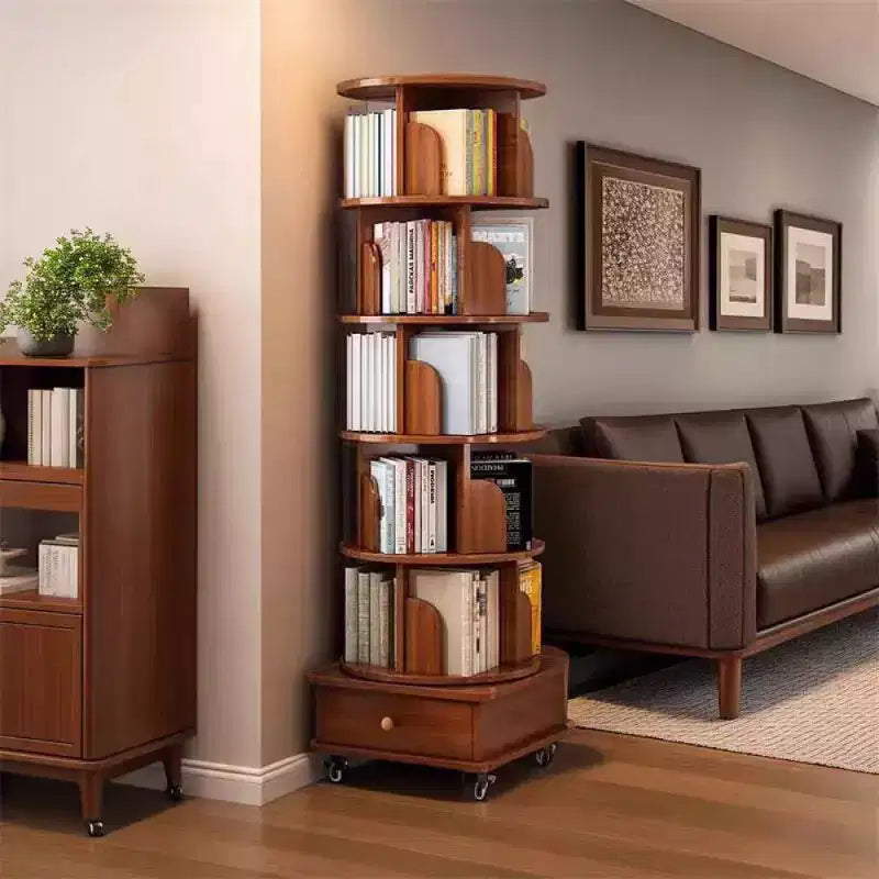 Libreria angolare girevole a 360° Chic Crate a 6 ripiani con ruote, libreria stretta per spazi ridotti, marrone noce