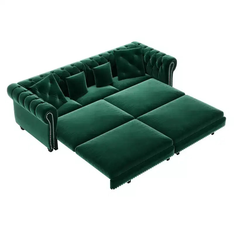 Canapé-lit convertible 3-en-1 Whisen en velours, format king size, avec pouf mobile, design capitonné