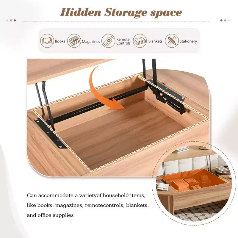 Salontafel van 47.2'' met hefbaar blad, ovale houten middentafel met verborgen opbergruimte, moderne cocktailtafel voor woonkamer, slaapkamer en kantoor