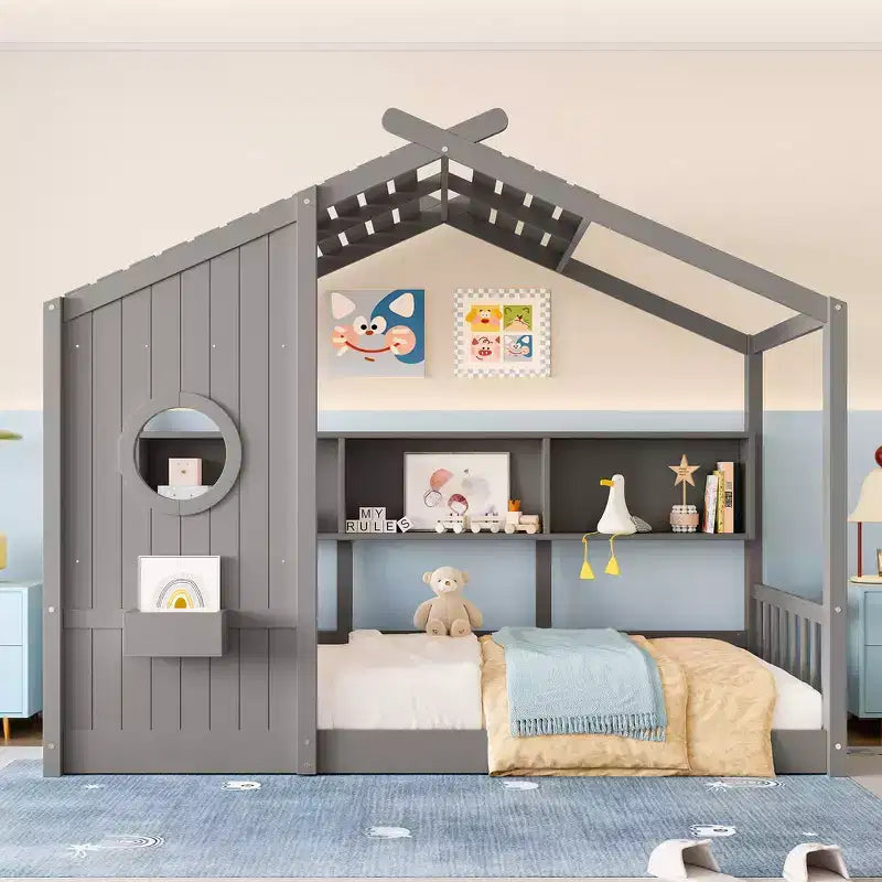 Bodenbett in Hausform für Kinder, Montessori-Spielhausbett mit Ablagefach und Dachdesign