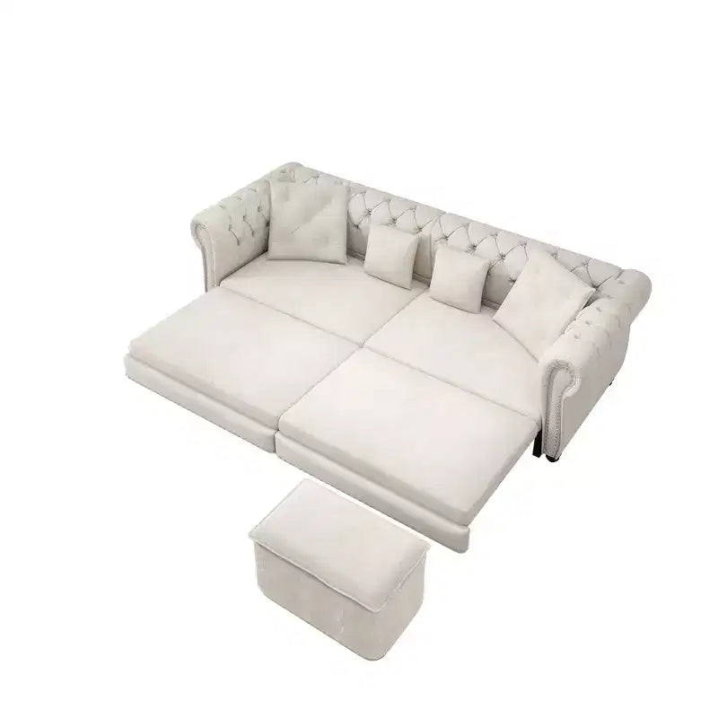 Canapé-lit convertible 3-en-1 Whisen en velours, format king size, avec pouf mobile, design capitonné