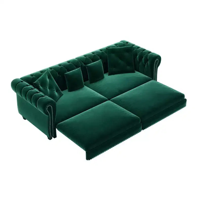 Canapé-lit convertible 3-en-1 Whisen en velours, format king size, avec pouf mobile, design capitonné