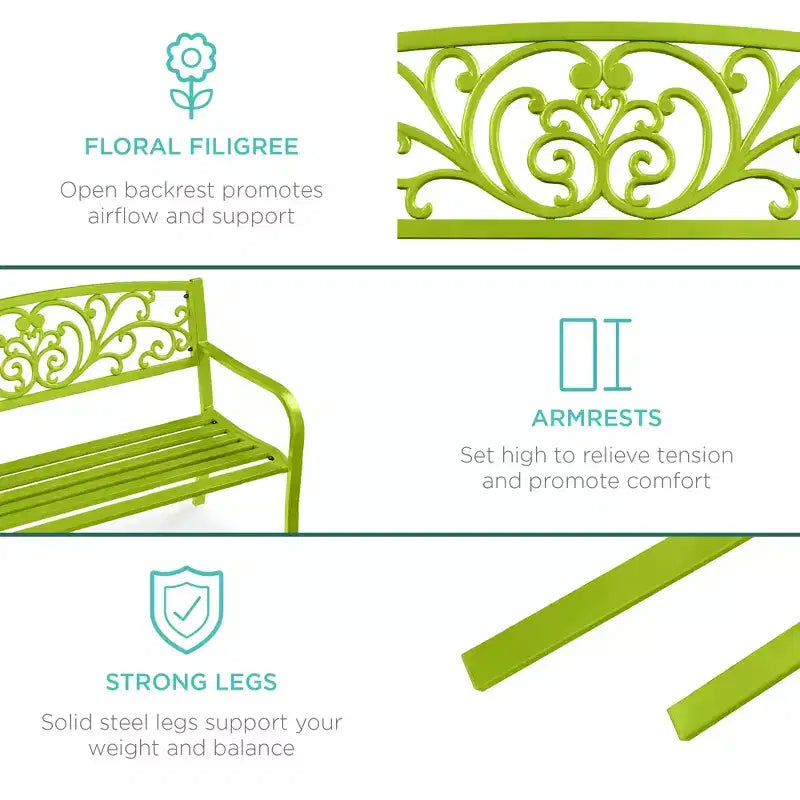 Best Choice Products Gartenbank aus Stahl für Terrasse und Veranda mit floral gestaltetem Rückenteil