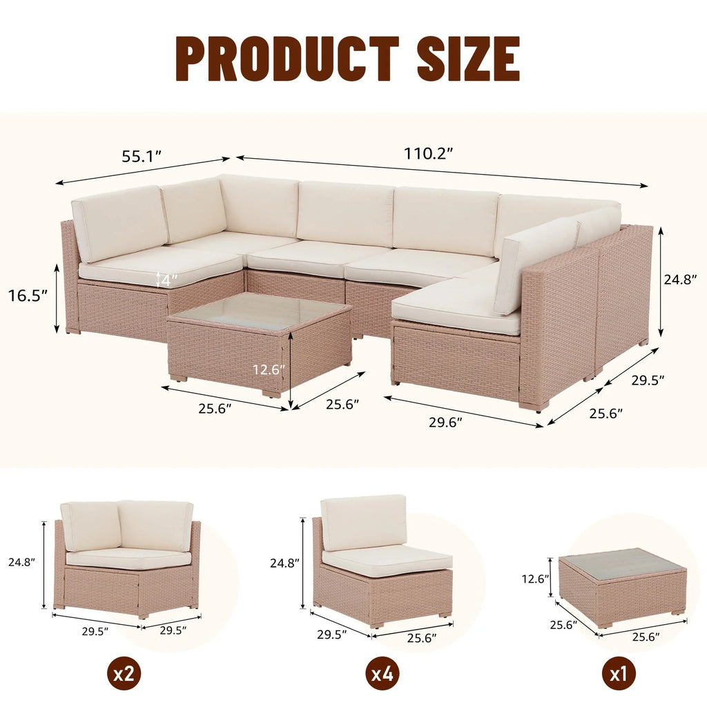 7-teiliges Outdoor-Ecksofaset aus Rattan und Stahl mit Kissen