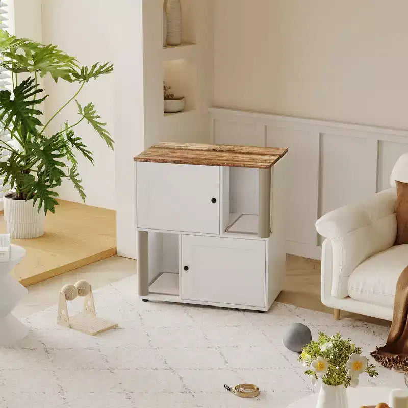 Katzentoiletten-Schrank mit zwei Bereichen, verstecktes geschlossenes Möbelstück für Katzentoiletten mit Kratzsäulen und doppellagigen Katzenstreumatten, Haustierhaus für den Innenbereich
