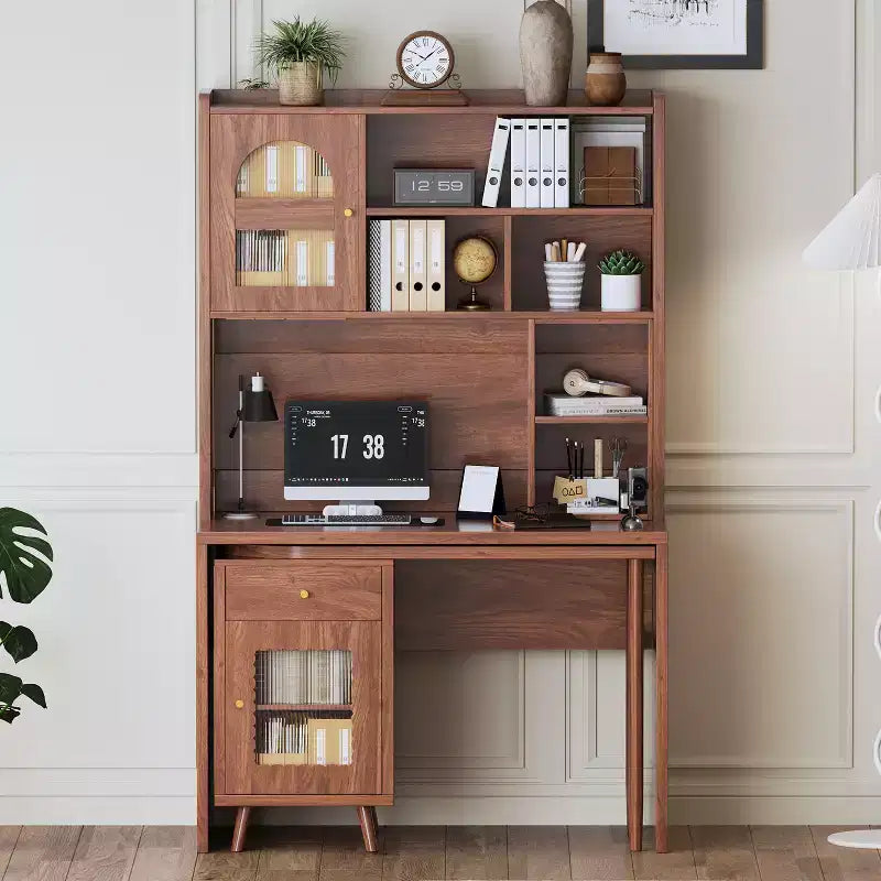 Okak modern houten bureau voor thuis, met bureaublad, stoel en boekenkast, opbergbureau voor tieners en studenten om aan te studeren of te werken