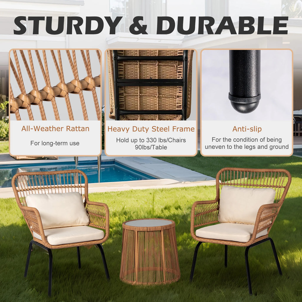 Ensemble bistro de jardin en osier de 3 pièces, ensemble de fauteuils de patio en rotin toutes saisons avec coussins
