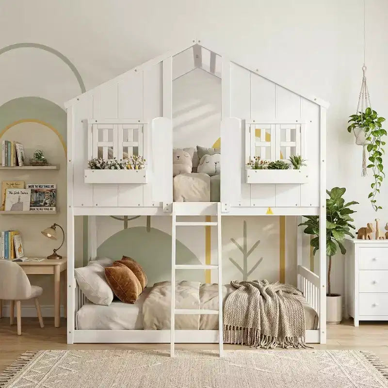 Letto a soppalco a forma di casetta per letto singolo, in legno, con scala e sponde di protezione per bambini