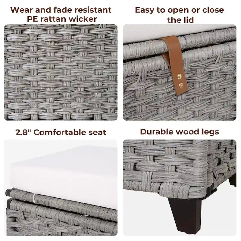 Banc de rangement en osier avec coussin pour chambre, salon ou véranda - 18.5 H X 43.3 W X 18.5 P