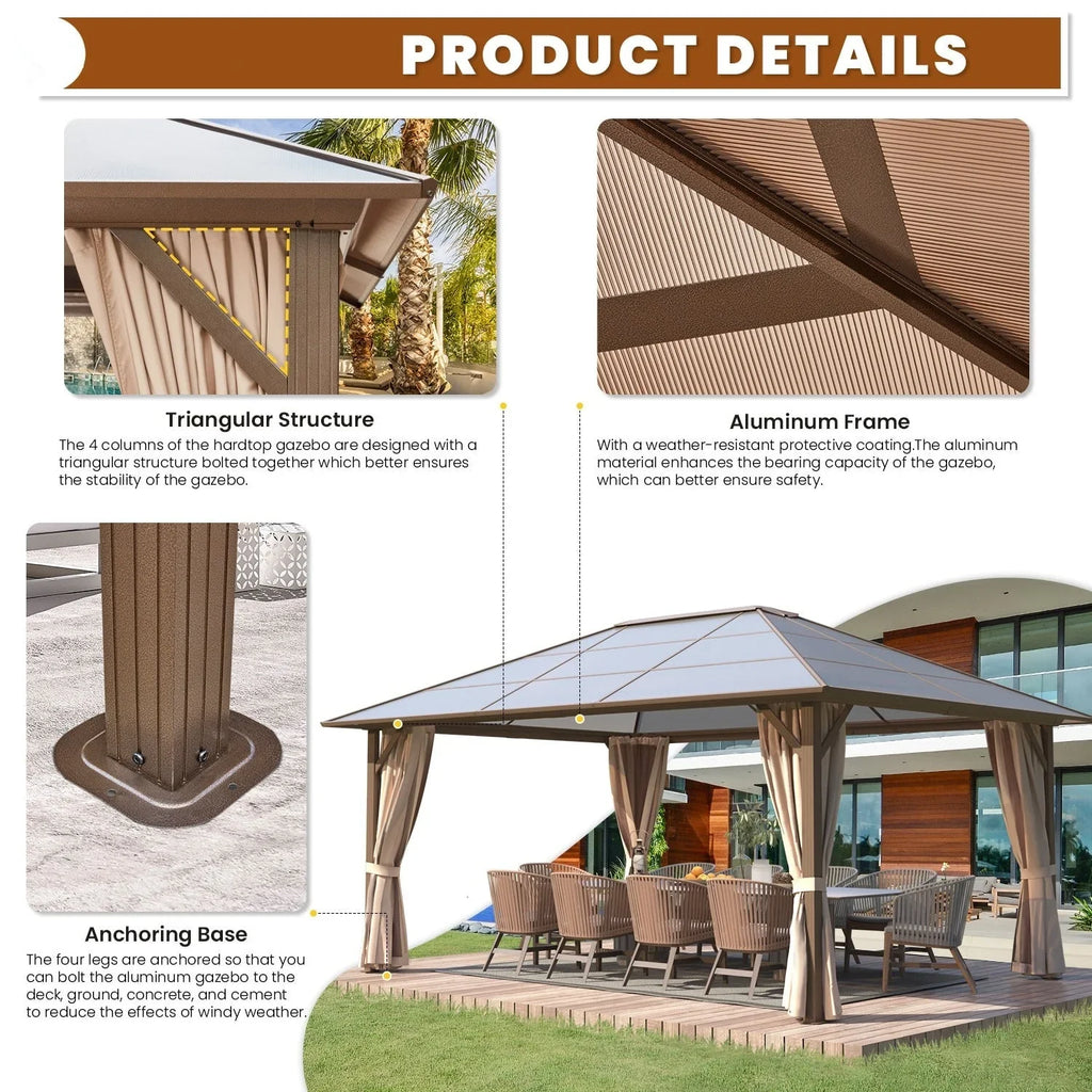 Gazebo EROMMY con tetto rigido, pergola da esterno con doppio tetto, rete e tende, copertura robusta per patio, giardino e feste in piscina