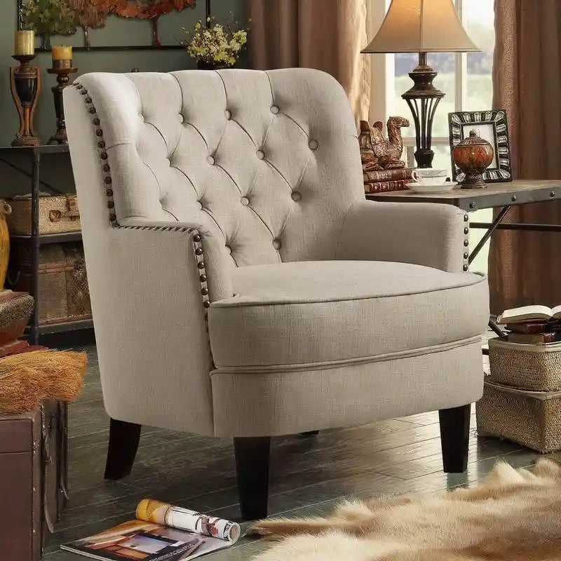 Moser Bay Mignon fluwelen/linnen fauteuil met knopen en hoge rugleuning, 30 breed