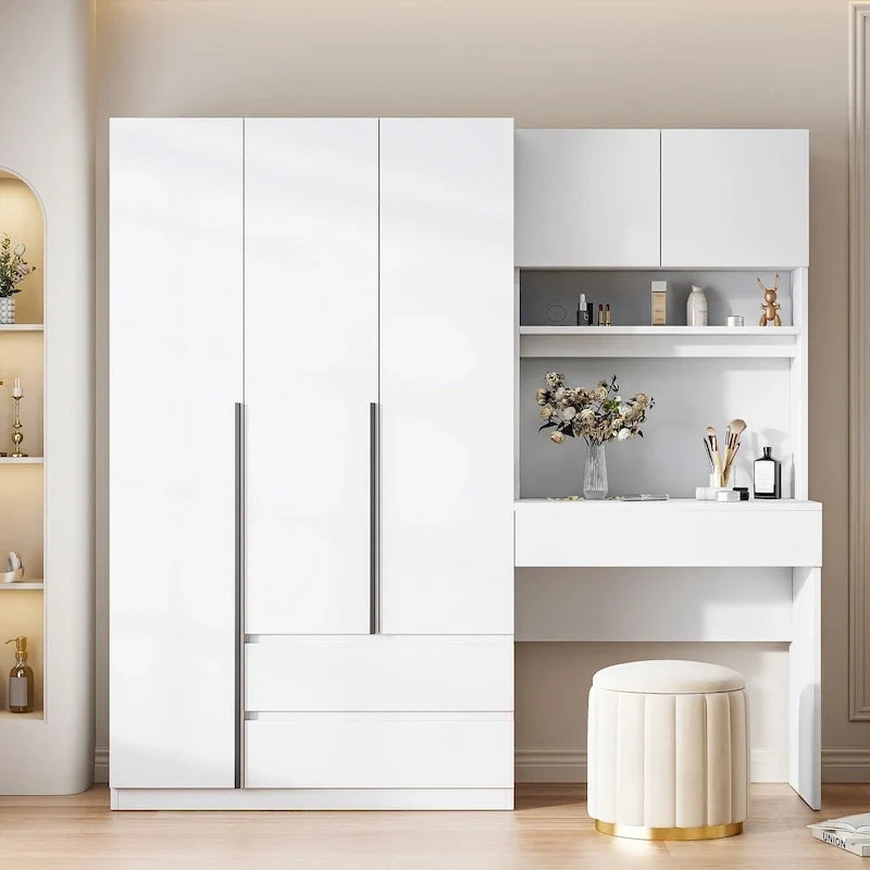 Armoire 3-en-1 avec coiffeuse et bureau, armoire de chambre avec 2 tiroirs et 3 portes de rangement