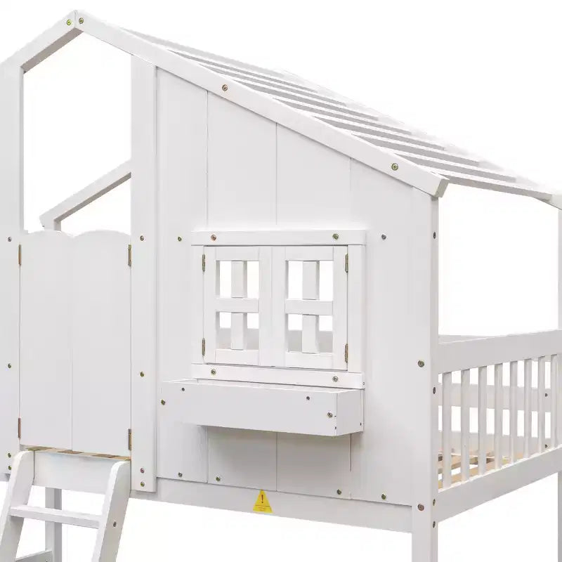 Letto a soppalco a forma di casetta per letto singolo, in legno, con scala e sponde di protezione per bambini