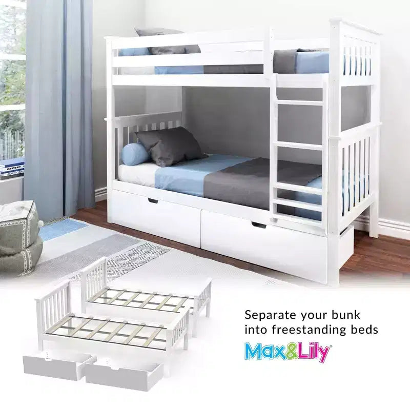 Letto a castello in legno massello per bambini, con due letti singoli sovrapposti e cassetti contenitori sotto il letto