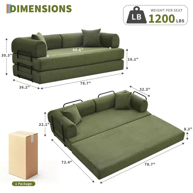 Acekool Schlafsofa mit umwandelbarem Bodensofa-Design, tiefer Sitzfläche und angenehmem Cordbezug
