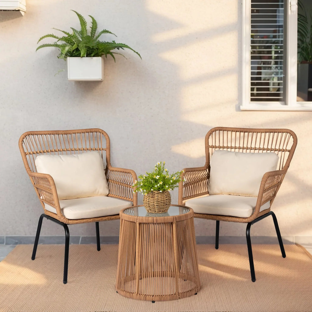 Ensemble bistro de jardin en osier de 3 pièces, ensemble de fauteuils de patio en rotin toutes saisons avec coussins