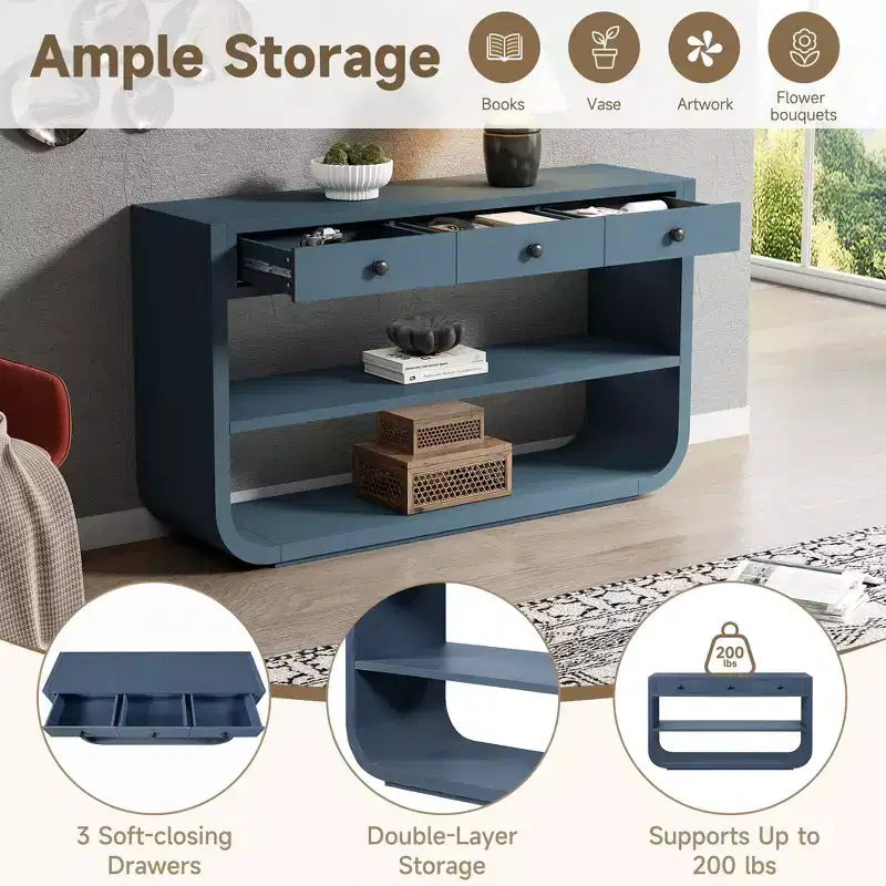 Tavolo consolle curvo ModernLuxe, tavolo d'ingresso, tavolino laterale per divano, espositore, tavolino d'accento con 3 cassetti a chiusura ammortizzata e 2 ripiani aperti