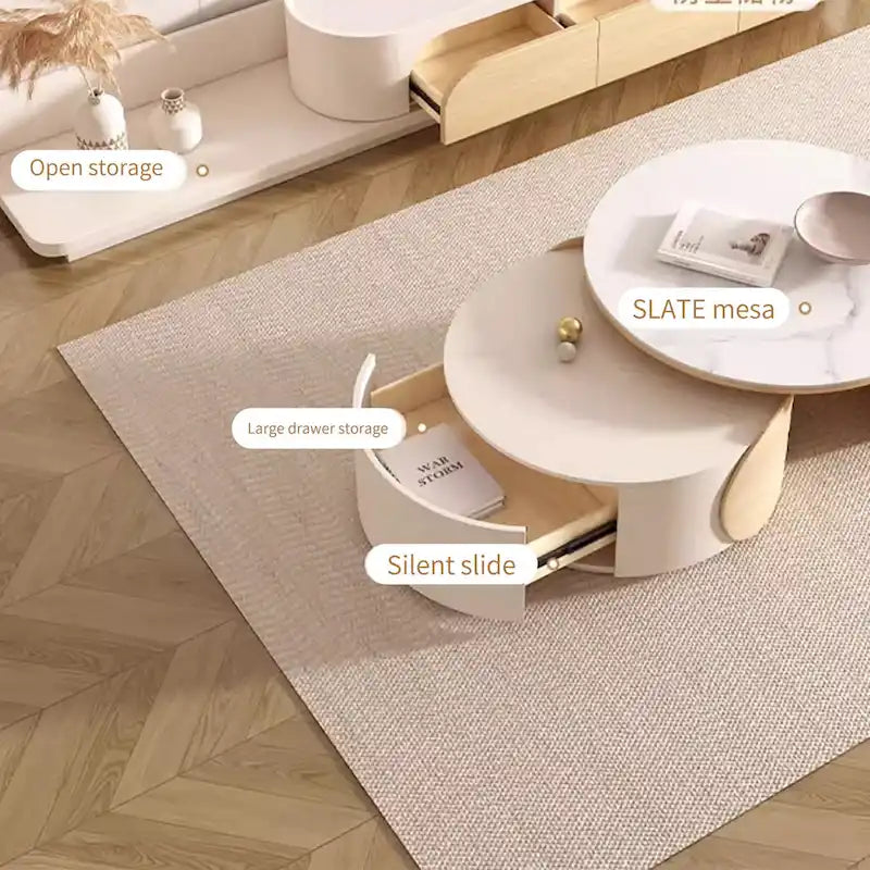 Moderner runder Couchtisch, Tischplatte aus Stein, Naturholz - 50  x 31.5