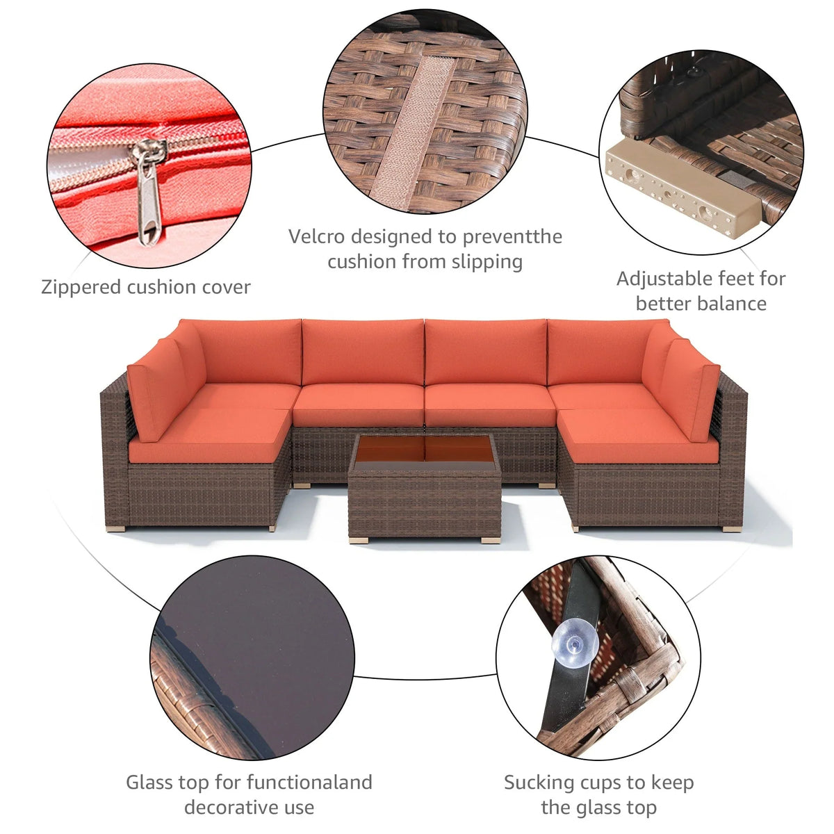 7-teiliges Outdoor-Ecksofaset aus Rattan und Stahl mit Kissen
