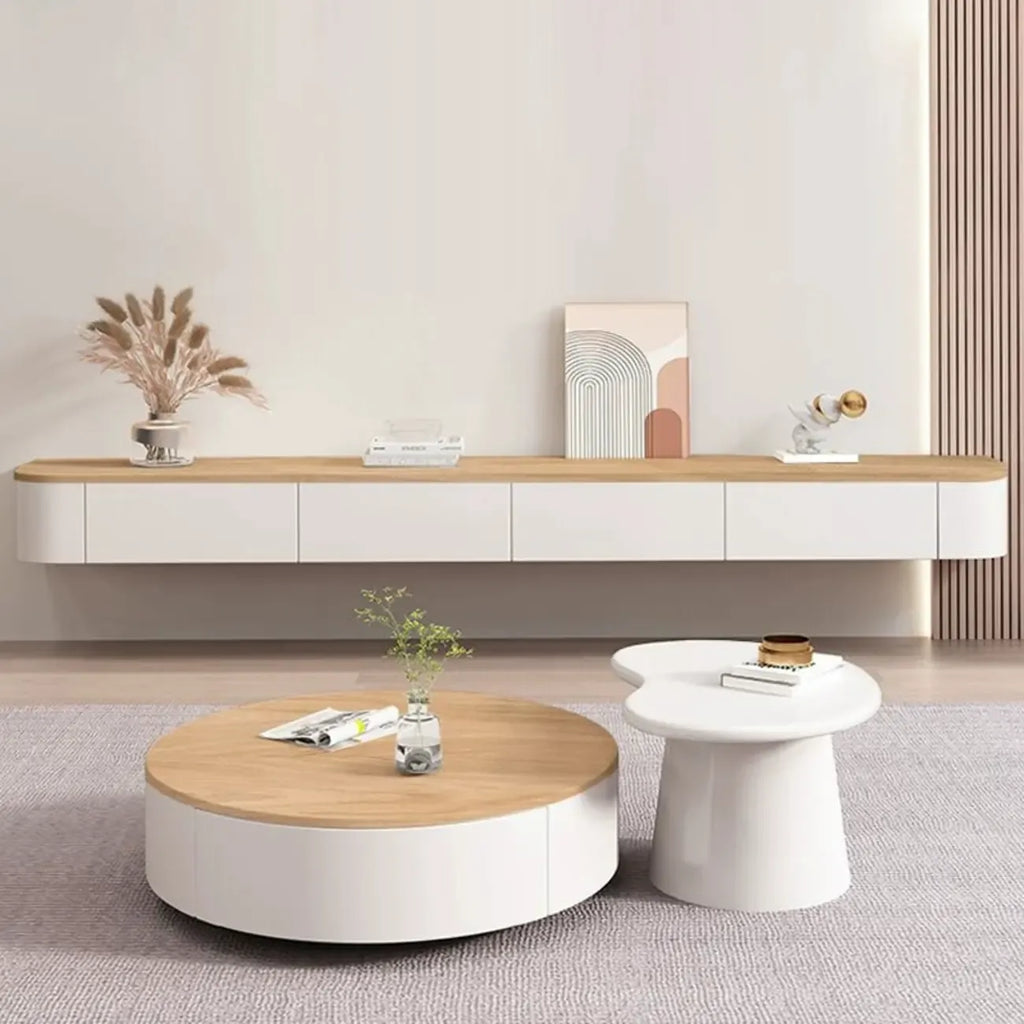 Meuble TV suspendu contemporain, long, en bois blanc, avec tiroirs