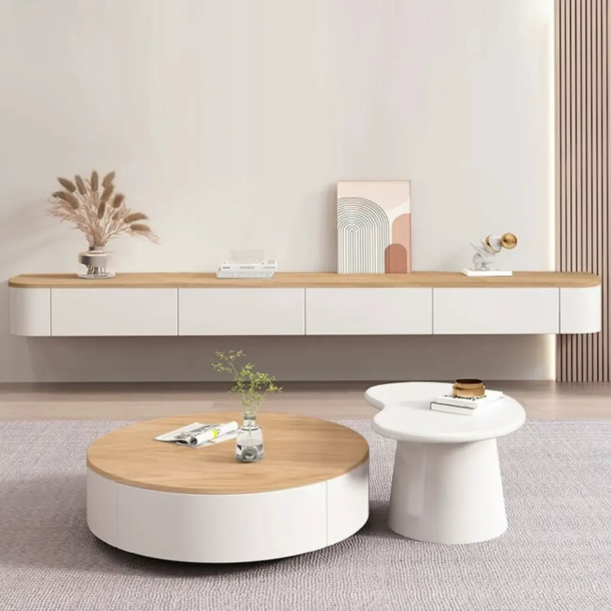 Meuble TV suspendu contemporain, long, en bois blanc, avec tiroirs