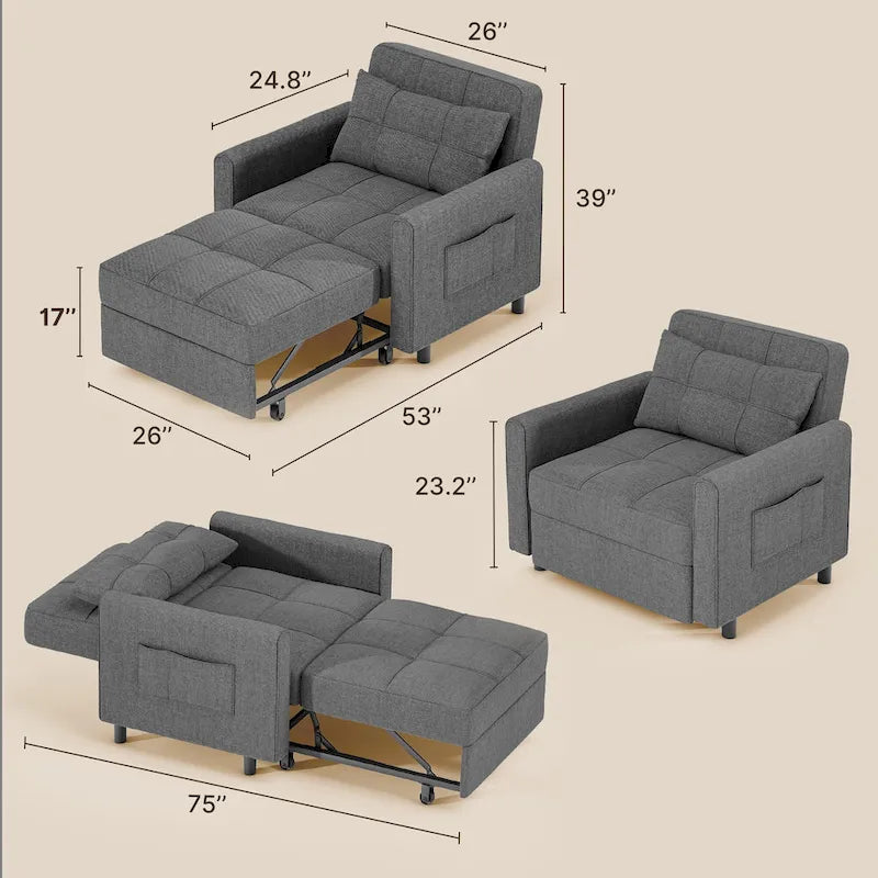 Fauteuil convertible 3-en-1 avec lit escamotable, canapé lounge rembourré convertible, réglable et pliable