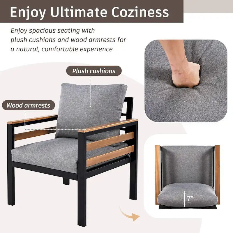 Ensemble de canapé d'extérieur 4 pièces pour 5 personnes, avec table basse en bois massif et coussins amovibles