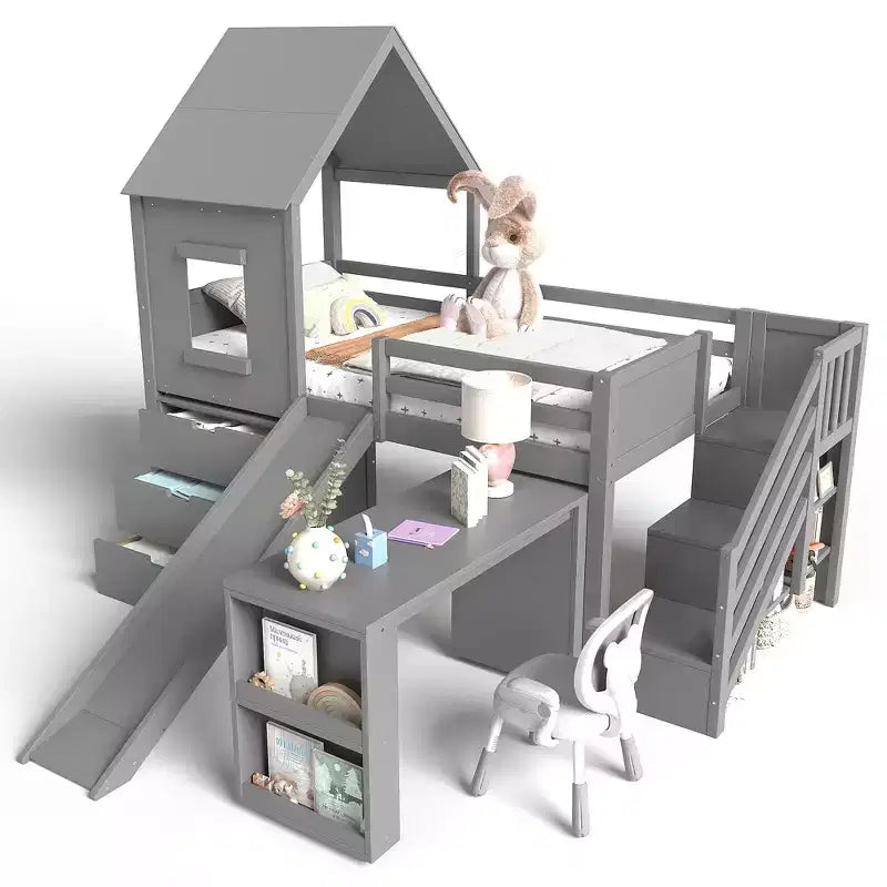 Einzel-Hochbett mit 3 Schubladen und Treppe mit Stauraum, Hausbett aus Holz mit Rutsche und abnehmbarem Schreibtisch