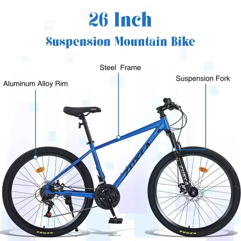 Mountain bike ammortizzata Whisen 26 con cambio posteriore a 8 velocità, forcella, pneumatici KENDA e doppi freni a disco